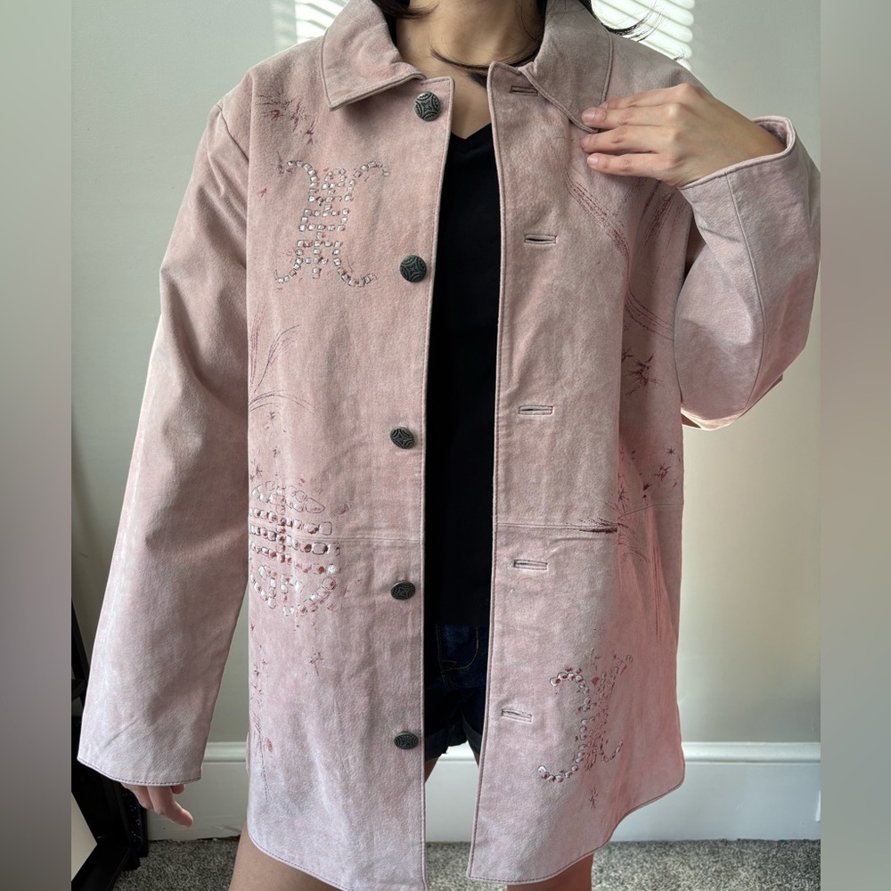 Vintage Ethereal Pastel Pink Painted Geisha Retro Indie Midi Suede Jacket Large - Picture 3 of 14